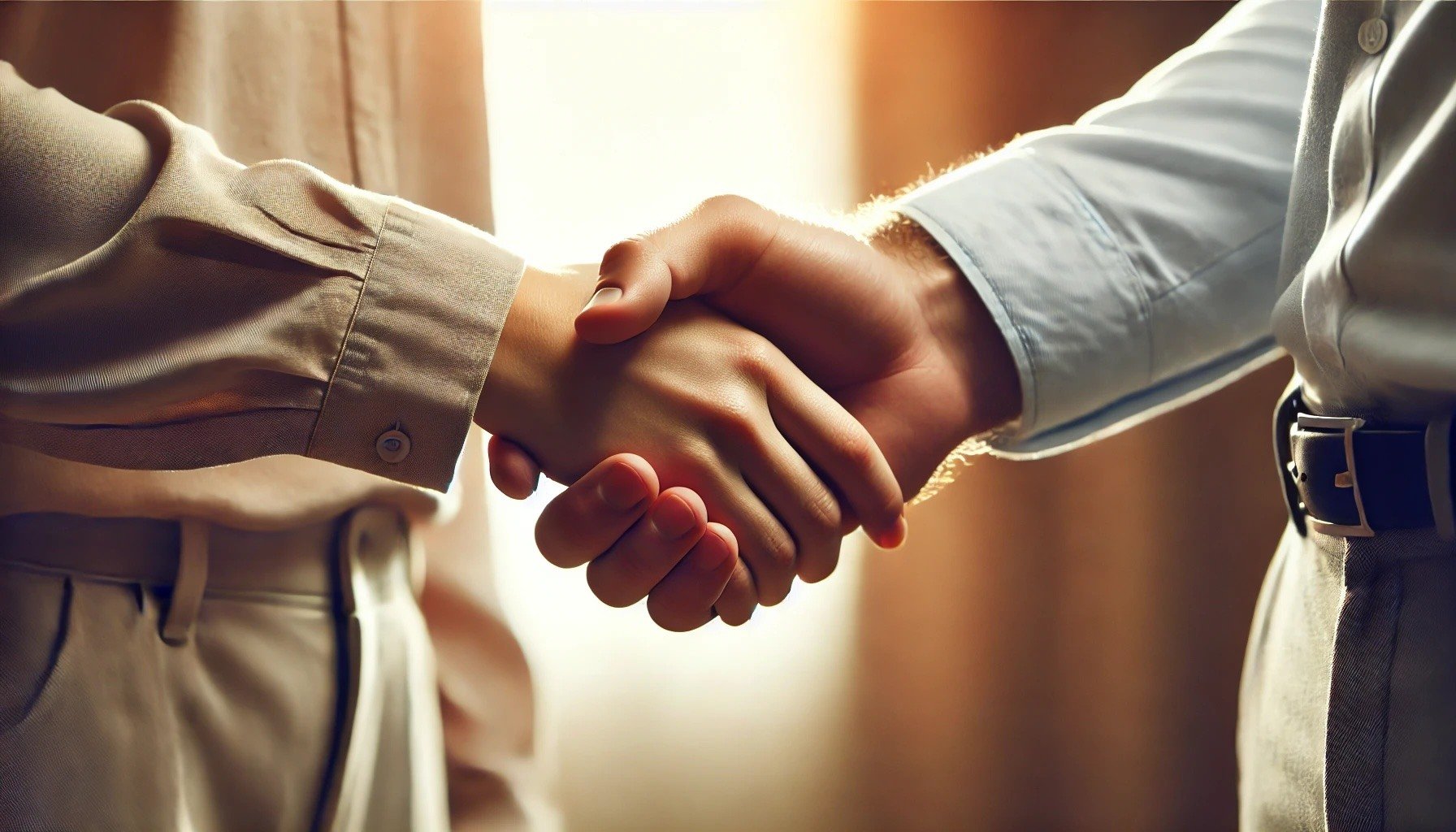 DALL·E 2024-09-19 08.41.23 - A close-up image of two people shaking hands, only showing their hands and sleeves. The hands are meeting in a firm handshake, symbolizing agreement o