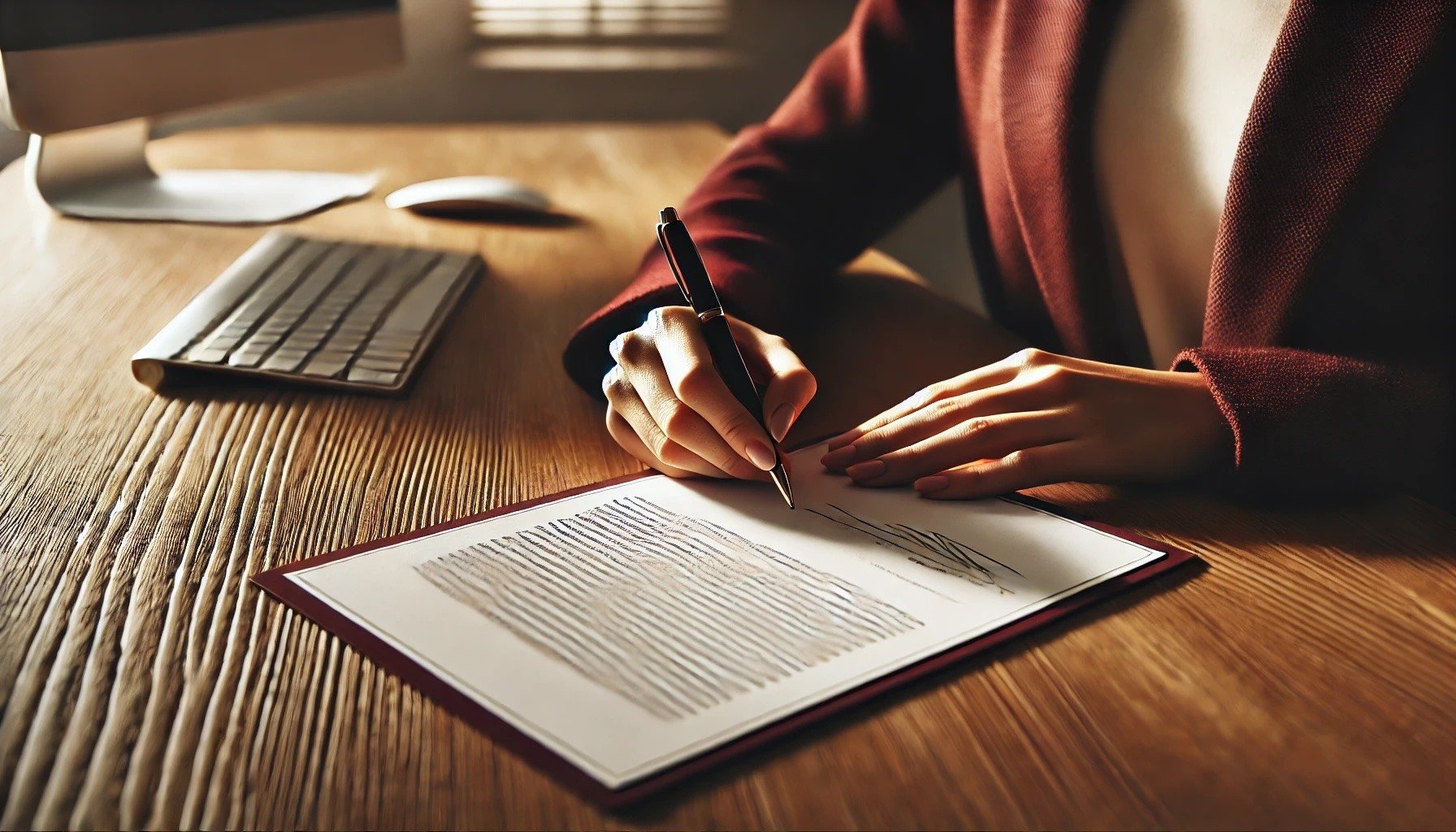 DALL·E 2024-09-19 08.43.21 - A close-up image of a womans hand signing a contract placed on a warm-toned wooden table. Her sleeve is burgundy, and the contract is positioned at t