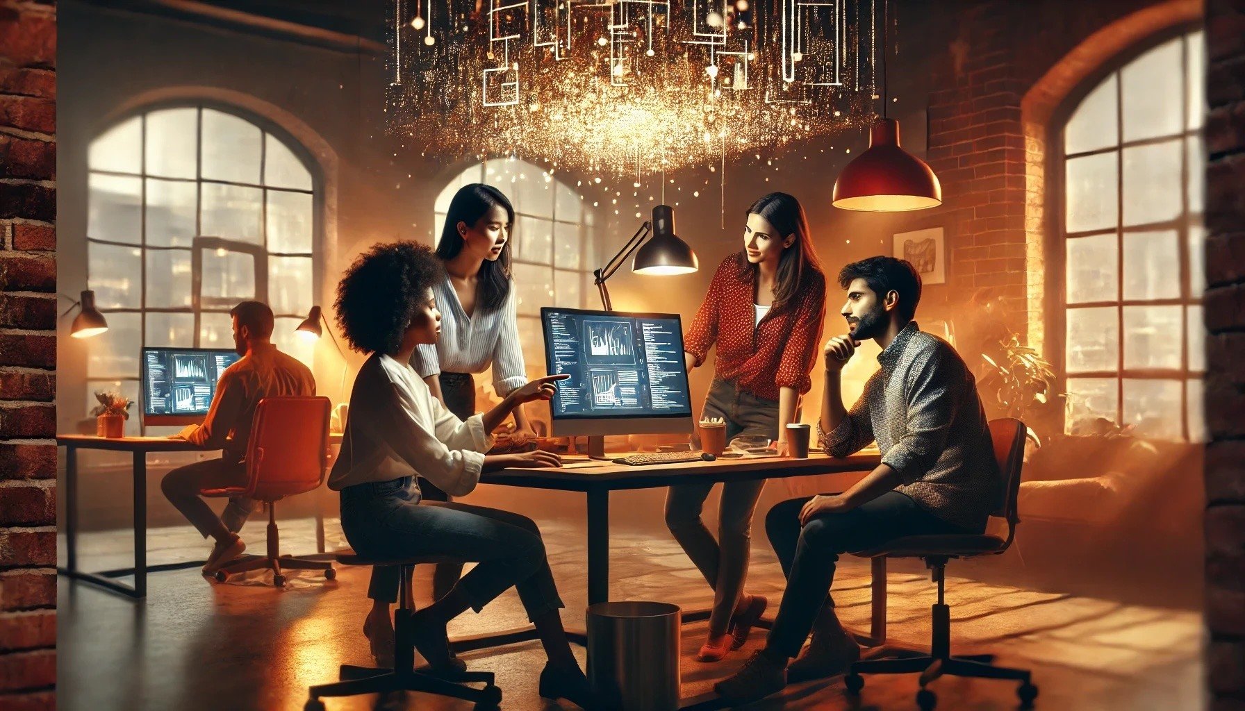 DALL·E 2024-09-19 08.59.37 - A warm, inviting office space with soft lighting and cozy decor. Two women and two men are gathered around a computer, collaborating energetically. On DALL·E 2024-09-19 08.59.37 - A warm, inviting office space with soft lighting and cozy decor. Two women and two men are gathered around a computer, collaborating energetically. On